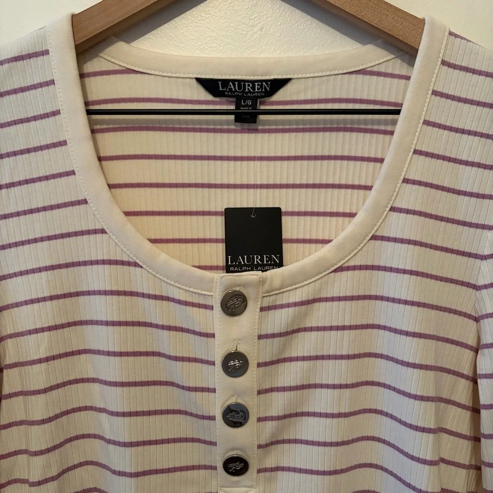 Lauren Ralph Lauren Long Sleeve Striped Henley Top in Mascarpone Cream